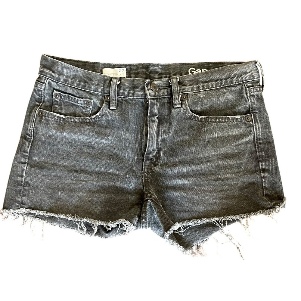 Gap 1969 Slim Shorts Cutoff Denim Short Frayed Raw Hem Charcoal Distressed SZ 27